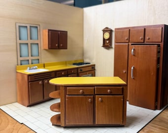 7pc Dollhouse Miniature 1970's MCM Kitchen Set - Wood w/Gold Countertops 1:12 Scale