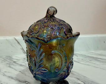 Vintage Amethyst Carnival Glass Jar, Iridescent Inverted Thistle Covered Candy Dish