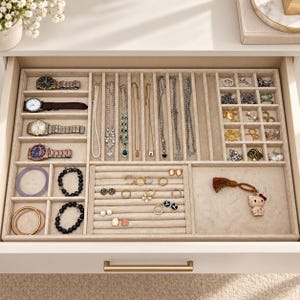 May include: A beige velvet jewelry organizer tray with multiple compartments for watches, necklaces, bracelets, rings, and earrings. The tray features dedicated slots for four wristwatches, vertical necklace rows, a ring display section, and small square grids for various accessories.