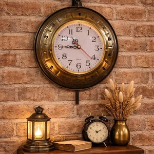 May include: A vintage wall clock with a gold-tone frame and white face is mounted on a brick wall. Beneath, a shelf displays a lantern, a book, a small alarm clock, and a vase with dried flowers. The clock shows approximately 3:00.