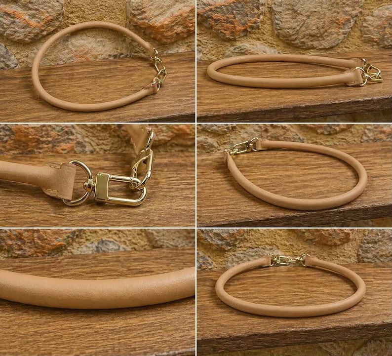 Pu&ograve; includere: Un manico per borsa tubolare e arrotondato di colore beige con finiture in metallo dorato. Il manico &egrave; realizzato in un materiale liscio a tinta unita e include chiusure a moschettone dorate lucide su ciascuna estremit&agrave; per l'aggancio.