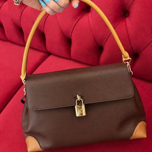 Pu&ograve; includere: Una borsa in pelle marrone scuro con un unico manico in pelle color cuoio, rinforzi angolari in pelle color cuoio e un lucchetto in metallo dorato con il logo Louis Vuitton inciso sulla patta frontale. La borsa ha una forma rettangolare.
