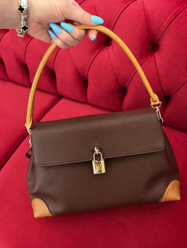 Pu&ograve; includere: Una borsa in pelle marrone scuro con un unico manico in pelle color cuoio, rinforzi angolari in pelle color cuoio e un lucchetto in metallo dorato con il logo Louis Vuitton inciso sulla patta frontale. La borsa ha una forma rettangolare.
