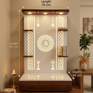 May include: A wall-mounted wooden home temple featuring a white back panel with an illuminated Om symbol, laser-cut floral side patterns, and integrated lighting. It measures 76 cm in length, 121 cm in height, and 40 cm in depth, with shelves.