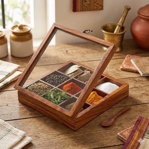 May include: A wooden spice box with a glass lid, divided into nine compartments filled with various spices. The box is open, revealing the contents, including black peppercorns, red chili powder, and turmeric. A small wooden spoon rests nearby.
