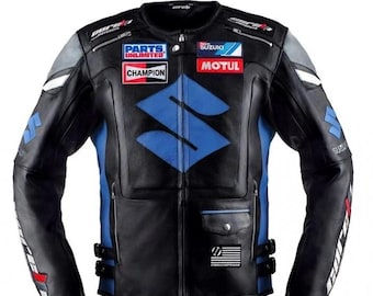 Chaqueta de cuero para moto Suzuki GSXR para hombre: chaqueta de carreras para motociclistas, protecciones CE, equipamiento de conducción personalizado.