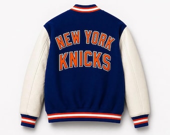Chaqueta universitaria de los New York Knicks, chaqueta estilo Letterman hecha a mano con mangas de cuero, béisbol universitario