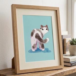 斑点模様の猫の水彩画プリント、三毛猫の子猫の子供部屋用アート（デジタルダウンロード）