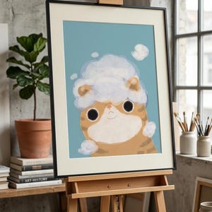 泡を吹くかわいい茶トラ猫のウォールアート、面白い水彩画風猫のお風呂プリント、オレンジ色のトラ猫の子猫のポスター、バスルームの装飾、デジタルダウンロード1点