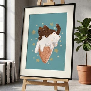 かわいいアイスクリーム猫のプリントウォールアート、星空の夜の水彩猫プリント、スウィートドリームス保育園装飾、かわいい動物ポスター、シングルデジタル