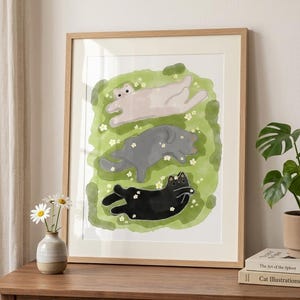 花園のかわいい猫たちのウォールアート、水彩画の子猫３匹のポスター、コテージコア風アニマルプリント、春の子供部屋の装飾、デジタルダウンロード1枚