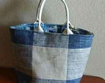Blue and Tan Tweed Tote Bag