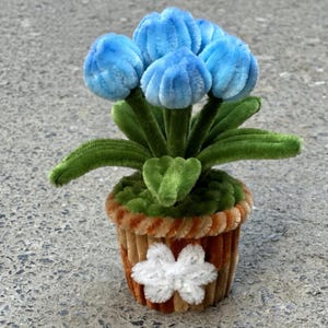Handmade Blue Tulip Velvet Wire Flower Pot, Mother's Day Birthday Gift for Her, Chenille Stem Bouquet, Eternal Desk Decor, Small Gift