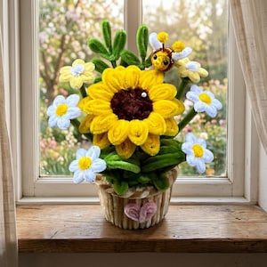 Handmade Velvet Wire Flower Sunflower Bouquet, Chenille Stem Daisy with Bee, Mother's Day Birthday Gift for Her, Eternal Desk Decor Pot