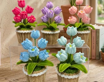 Mini maceta de tulipanes hecha a mano con alambre de terciopelo, regalo de graduación, regalo de cumpleaños, decoración de escritorio, decoración de habitación adorable, regalo del Día de la Madre, regalo único