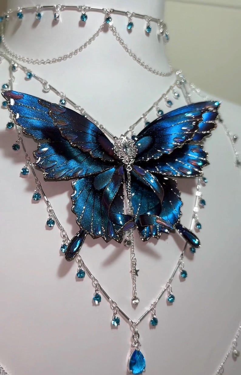 Blue Butterfly Body Chain, Fairy Chest Chain, Festival Beach Layering ...