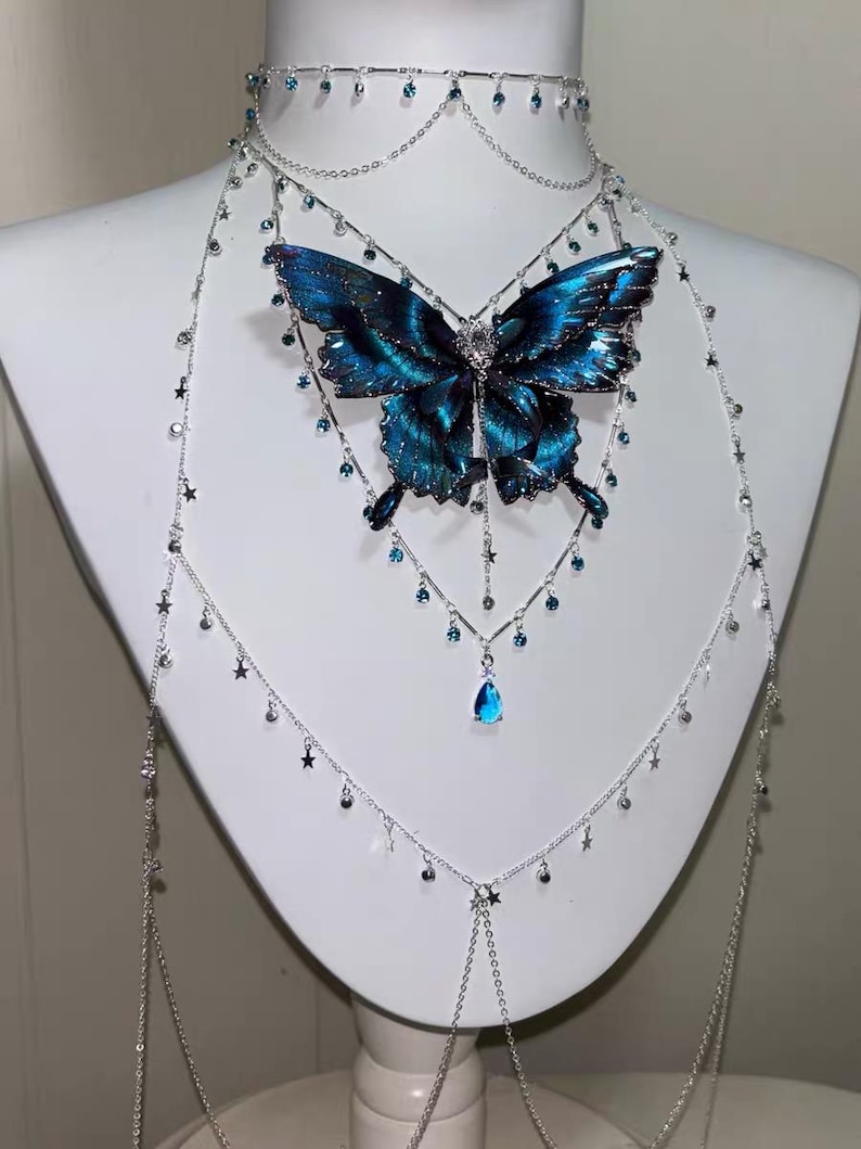 Blue Butterfly Body Chain, Fairy Chest Chain, Festival Beach Layering ...