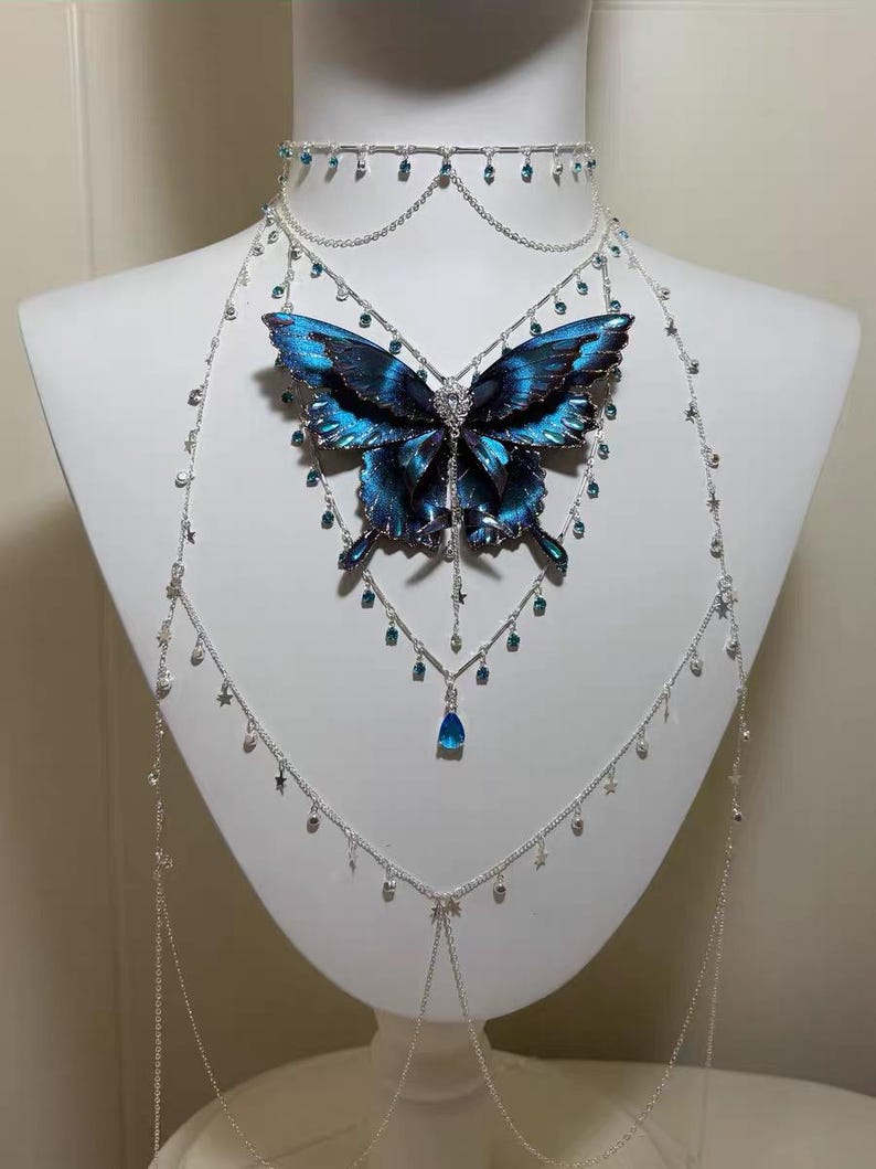 Blue Butterfly Body Chain, Fairy Chest Chain, Festival Beach Layering ...