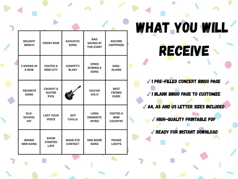 Concert Bingo Printable, Music Bingo Game, Concert Activity, Festival Game, Live Show Game, Music Lover Gift, Printable PDF image 5