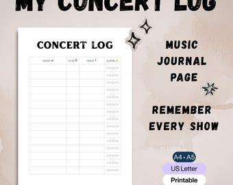 Concert Log Printable, Concert Tracker, Music Journal, Gig Tracker, Concert Journal, Live Show Planner, Gig Diary