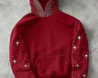 Damen Strass verzierter roter Hoodie - Funkelndes übergroßes Sweatshirt mit Kristall-Detail, weiches Fleece Streetwear, bezauberndes Wintergeschenk