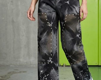 Spodnie SixthmanGear Tie-Dye z szerokimi nogawkami – szare, kwasowo-prane, workowate, Y2K Streetwear – obszerne, starburstowe jeansy