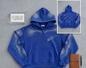 Sudadera con capucha azul marino con pedrería / Sudadera estilo streetwear con estampado de noche estrellada / Sudadera brillante adornada