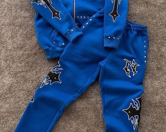 Y2K Blaue Strass Set - Gothic Bestickter Rundhalsausschnitt & Passende Shorts - Luxus Streetwear Zweiteiler