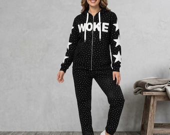 Y2K Star Print Rhinestone Tracksuit - Luxury Embroidered Fleece Zip Up Hoodie & Matching Sweatpants Set