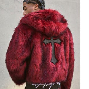 Gothic Red Faux Fur Hooded Jacket, Y2K Oversized Shaggy Winter Coat, Leather Cross Patch Aesthetic Cyber Grunge Streetwear, SixthmanGear