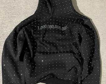 Sudadera con capucha negra con pedrería integral / Sudadera urbana con cristales brillantes / Sudadera con capucha extragrande con dobladillo desgastado