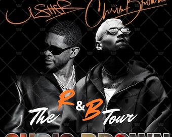 Puede incluir: Camiseta negra con gráficos de Usher y Chris Brown. El texto dice "Usher Raymond" y "Chris Brown" en la parte superior, con "The R&B Tour" en el centro. El texto inferior dice "Chris Brown".