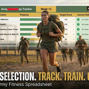 Puede incluir: Se muestra una interfaz de hoja de cálculo de acondicionamiento físico del ejército, que muestra un rastreador de la "Semana 12" con eventos como una carrera de 3,2 km y peso muerto. Una mujer con uniforme militar corre en primer plano, con otros soldados al fondo. El texto dice "Excel at Selection. Track. Train. Conquer."