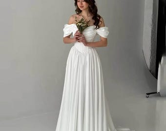Satin A-Line Wedding Dress, Corset Bridal Gown, Removable Sleeves, Custom Size Gown