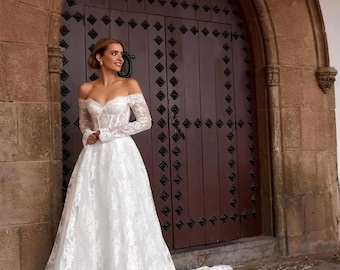 Custom Lace A-Line Wedding Dress: Backless Sweetheart Neckline, Boho Bride Gown