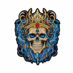 May include: A detailed illustration of a skull wearing a gold crown with a red jewel. The skull has blue eyes and is surrounded by blue, flowing hair-like elements. The design is intricate and artistic.