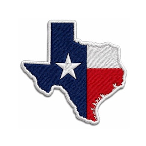May include: Embroidered patch in the shape of the state of Texas. The patch features the Texas flag design, with a blue field and white star on the left, a white stripe at the top, and a red stripe on the right.