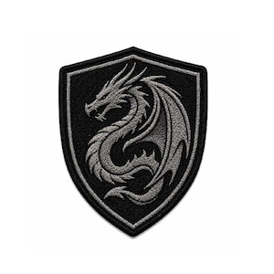 May include: A black and grey embroidered patch with a dragon design inside a shield shape. The dragon is detailed with scales and wings, and the patch has a grey border.