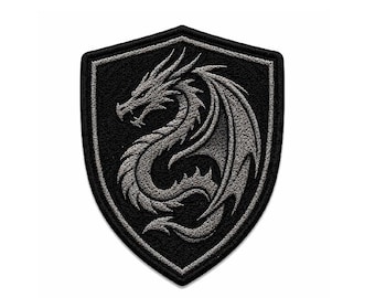 Drachen Schild Aufnäher | Gestickter Wappenaufnäher | Gothic Mittelalter Anstecker | Fantasy Bügelbilder