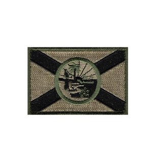 Puede incluir: Un parche rectangular con el diseño de la bandera del estado de Florida. El parche tiene un fondo beige con una cruz negra en forma de X. El sello estatal está en el centro, representando un paisaje con una palmera y un barco.