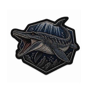 May include: Embroidered patch featuring a mosasaur, a prehistoric marine reptile, with its mouth open, revealing sharp teeth. The design includes a dark blue background with underwater elements and a black border. The patch is in a unique hexagonal shape.