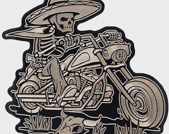 Skeleton Biker Patch Sombrero Rider Gestickter Aufnäher Western Skull Motorrad Aufnäher
