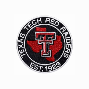 May include: A circular embroidered patch featuring a red silhouette of the state of Texas with a white and black double T logo centered on top. The black border contains the white text Texas Tech Red Raiders and Est. 1923.