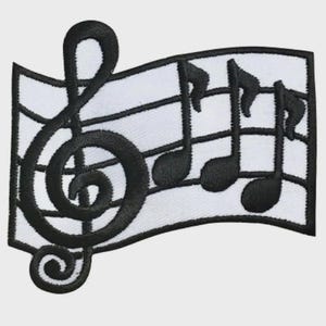 May include: Embroidered patch featuring a black treble clef and musical notes on a white background. The patch has a rectangular shape with a black border. The musical notes are in a stylized design.