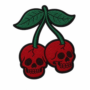 Peut inclure: Écusson brodé représentant deux cerises rouges, chacune avec un motif de crâne. Les cerises ont des tiges et des feuilles vertes, soulignées de noir. Le patch est conçu pour être appliqué sur des vêtements ou des accessoires.