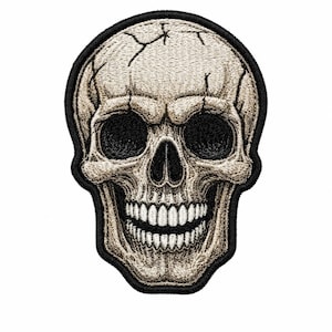 May include: Embroidered skull patch with a detailed design. The skull is beige with black eye sockets and a black border. The skull's teeth are white, and the design includes cracks on the skull's surface.