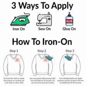 Peut inclure: Image pr&eacute;sentant trois m&eacute;thodes d'application d'un patch : thermocollant, &agrave; coudre et &agrave; coller. L'image comprend &eacute;galement un guide &eacute;tape par &eacute;tape sur la fa&ccedil;on de thermocoller un patch, avec des illustrations et des instructions.