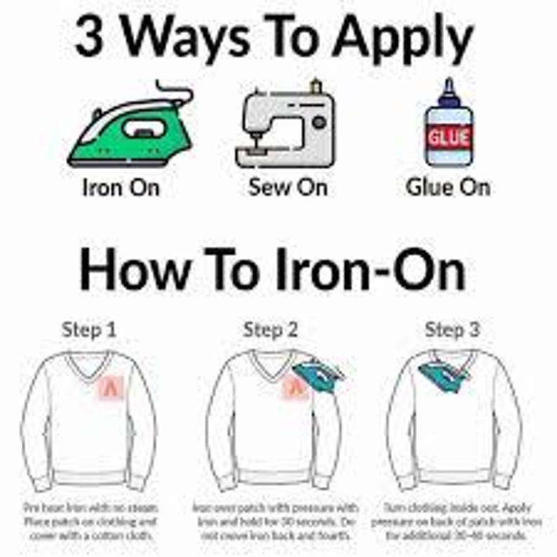 Peut inclure: Image pr&eacute;sentant trois m&eacute;thodes d'application d'un patch : thermocollant, &agrave; coudre et &agrave; coller. L'image comprend &eacute;galement un guide &eacute;tape par &eacute;tape sur la fa&ccedil;on de thermocoller un patch, avec des illustrations et des instructions.