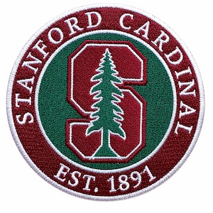 May include: Circular embroidered patch with the words "STANFORD CARDINAL" in white, arched around the top. The center features a green "S" with a green tree, and the text "EST. 1891" at the bottom. The patch has a red and white border.