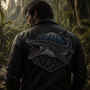 K&ouml;nnte beinhalten: Schwarze Lederjacke mit einem aufgestickten Aufn&auml;her, der einen Mosasaurus zeigt. Der Aufn&auml;her zeigt eine detaillierte Illustration des Meeresreptils vor blauem Hintergrund in einem sechseckigen Rahmen. Die Jacke wird in einer gr&uuml;nen, dschungelartigen Umgebung getragen.